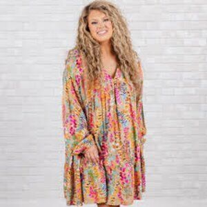 ODDY Brown Floral Long Sleeve BOHO Midi Dress